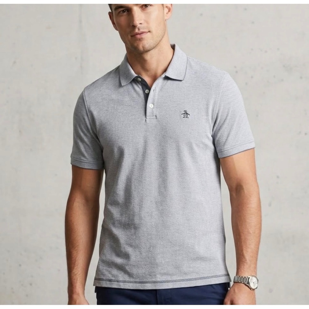 Original Penguin Mens XL Blue White Micro Stripe Cotton Short Sleeve Polo Shirt